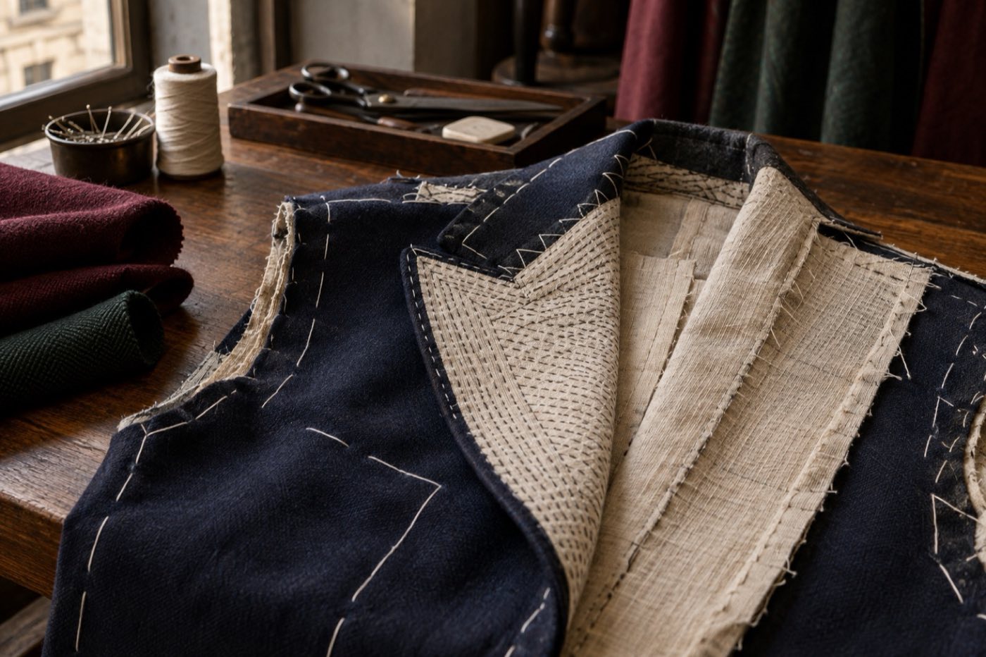 Interno del davanti di una giacca in lana blu notte appoggiato su un banco di legno: la tela chiara e il revers coperti di punti a mano fitti, imbastiture bianche, accanto un rocchetto di filo, spilli e lane bordeaux e verdi piegate